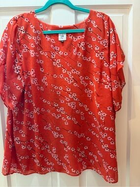 Cabi Cherry Blossom Floral Flutter Sleeve Blouse XXL Red Orange
